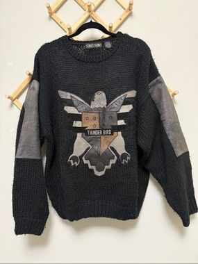 VINTAGE STREET SCENES THUNDERBIRD SWEATER | XL | BLACK KNIT | LEATHER ACCENTS |